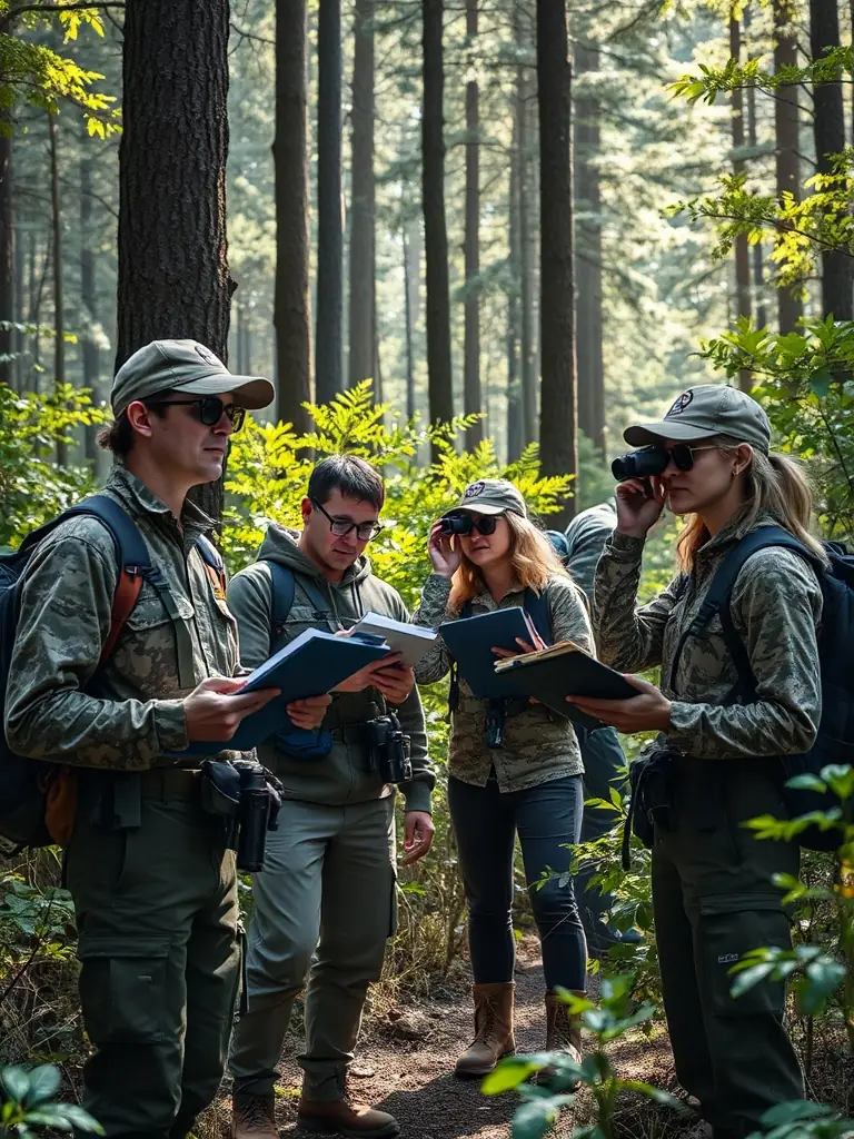 A group of community members participating in a wildlife monitoring activity, demonstrating SOCIETE COMMUNALE DE CHASSE D'ANSAC SUR VIENNE's commitment to community stewardship.