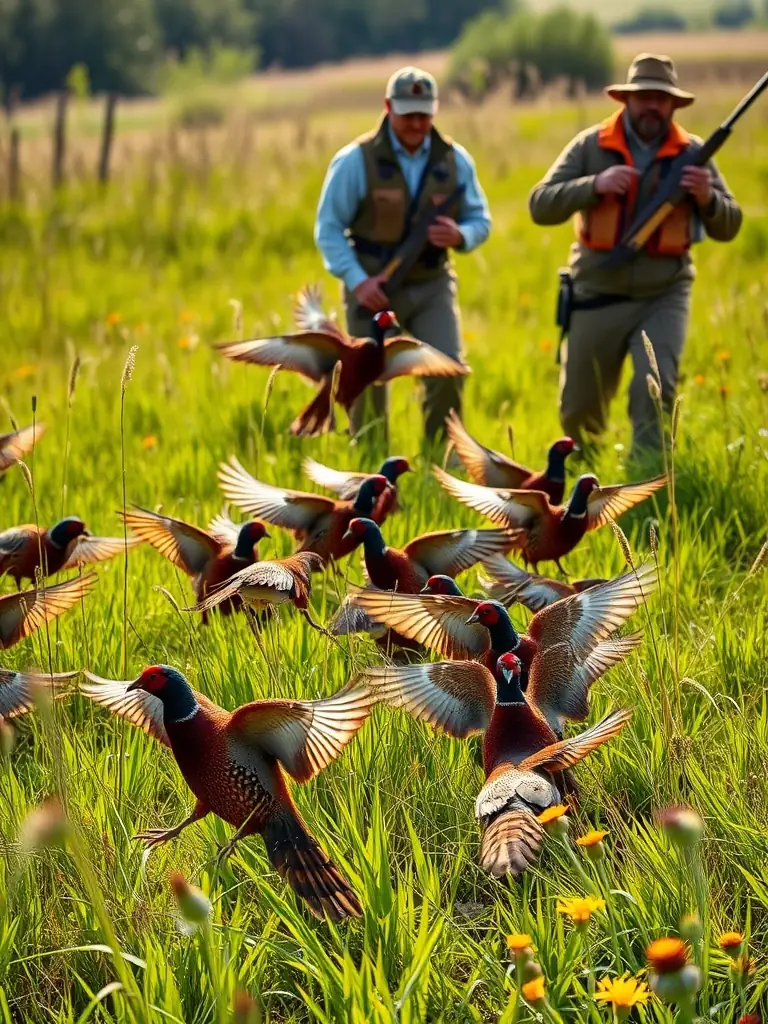 A photograph showing a group of hunters releasing pheasants into a field, representing the species restoration initiatives of the organization.
