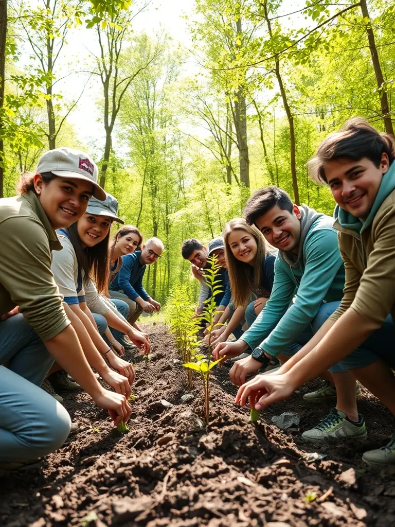 A photograph depicting volunteers planting trees in a deforested area, illustrating habitat restoration efforts by SOCIETE COMMUNALE DE CHASSE D'ANSAC SUR VIENNE.