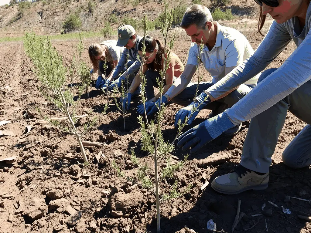 A photograph depicting volunteers planting native trees in a deforested area, illustrating habitat restoration efforts by SOCIETE COMMUNALE DE CHASSE D'ANSAC SUR VIENNE.