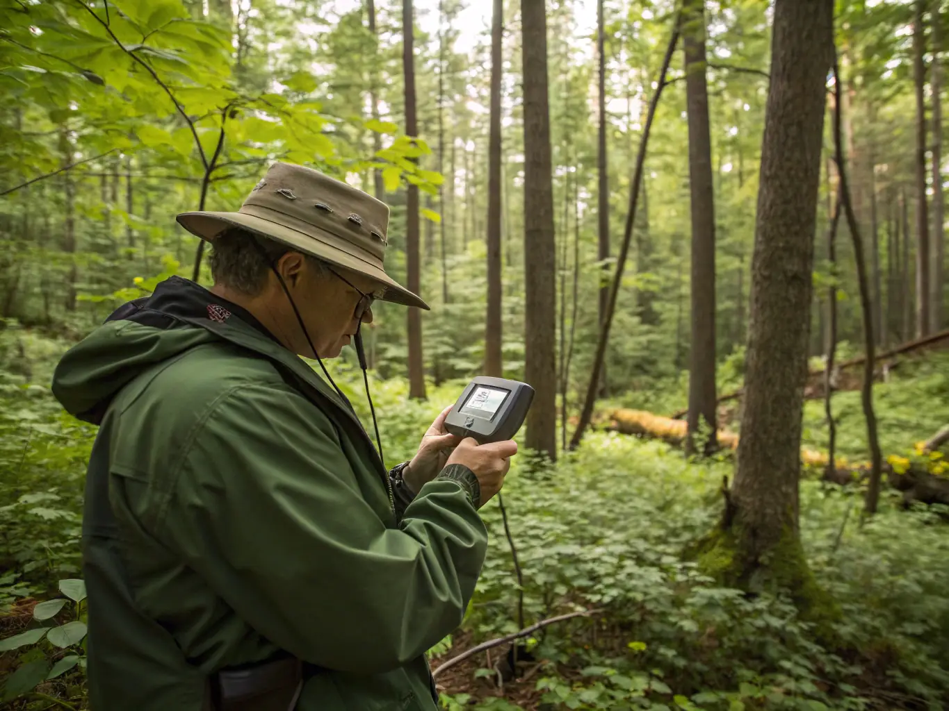 An image showing a wildlife biologist monitoring a restored habitat, emphasizing the scientific approach to wildlife management and the positive impact on local ecosystems.