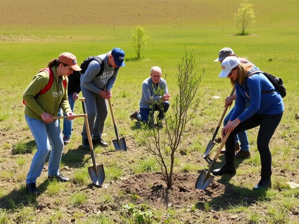 A photograph depicting volunteers planting native trees as part of a habitat restoration project, showcasing community involvement and environmental stewardship.