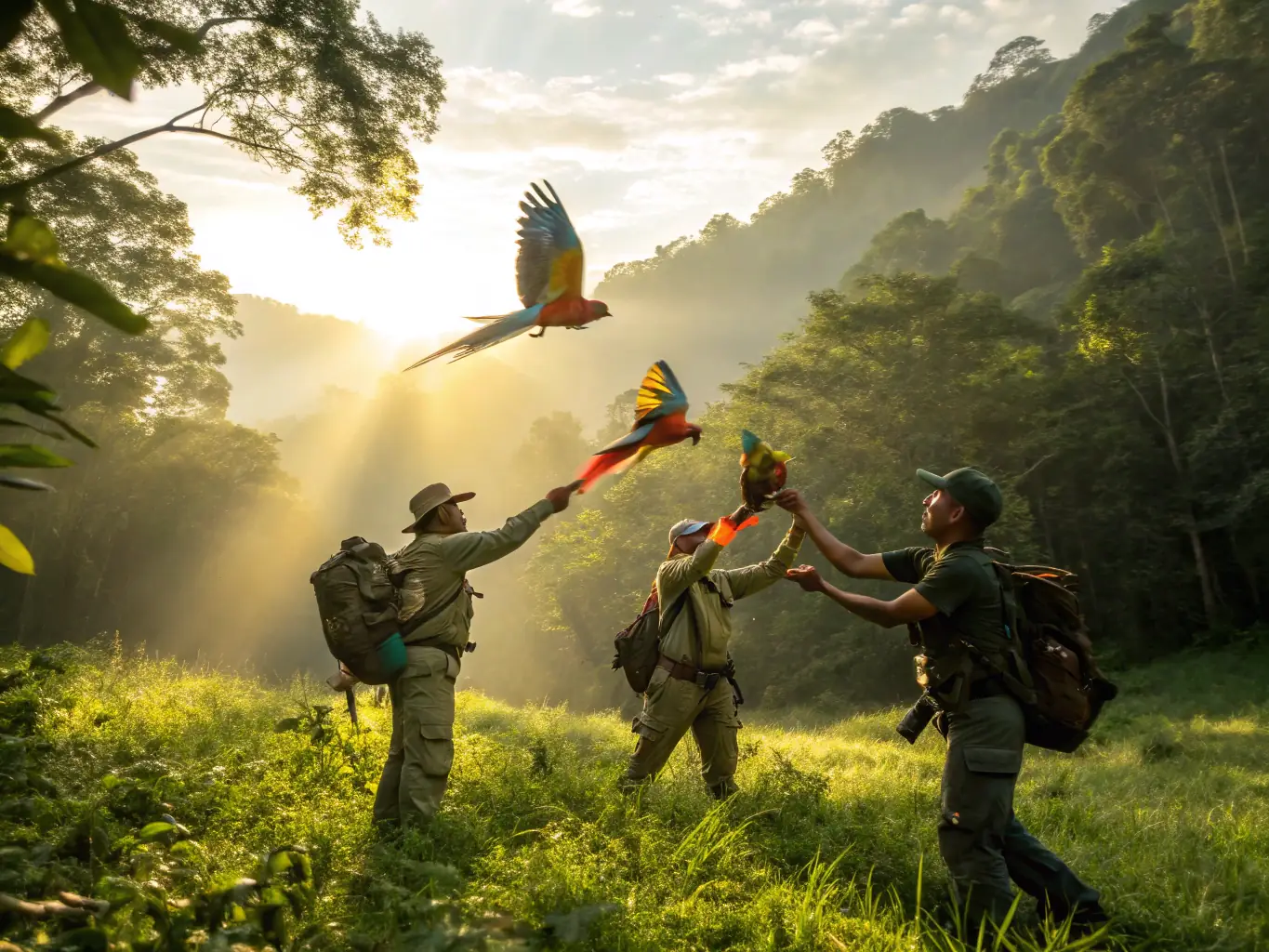 A photograph showing a wildlife expert releasing a rehabilitated animal back into its natural habitat, showcasing the species restoration program.