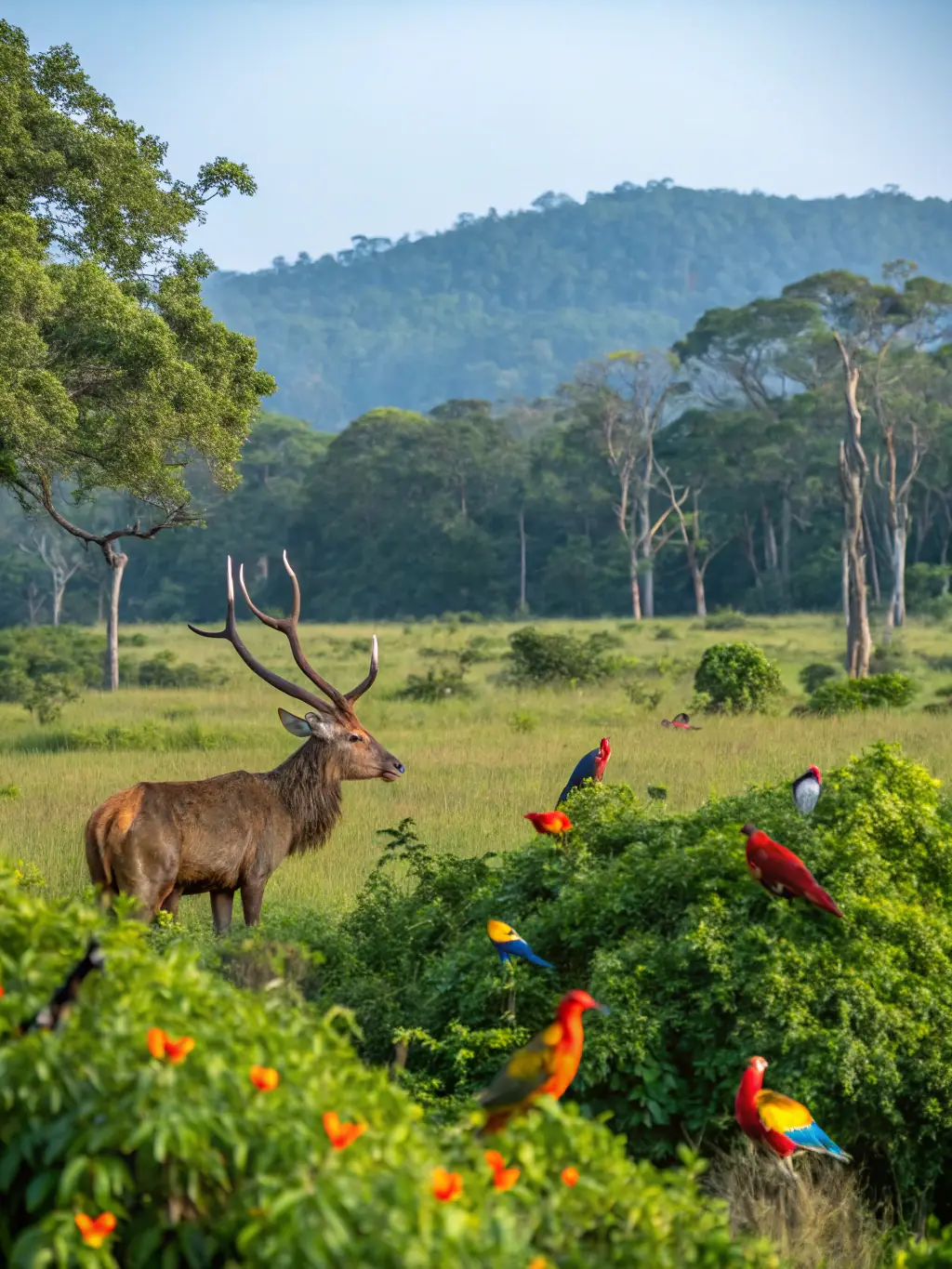 A photograph capturing a diverse array of local wildlife thriving in a preserved habitat managed by SOCIETE COMMUNALE DE CHASSE D'ANSAC SUR VIENNE, showcasing the positive impact on biodiversity.